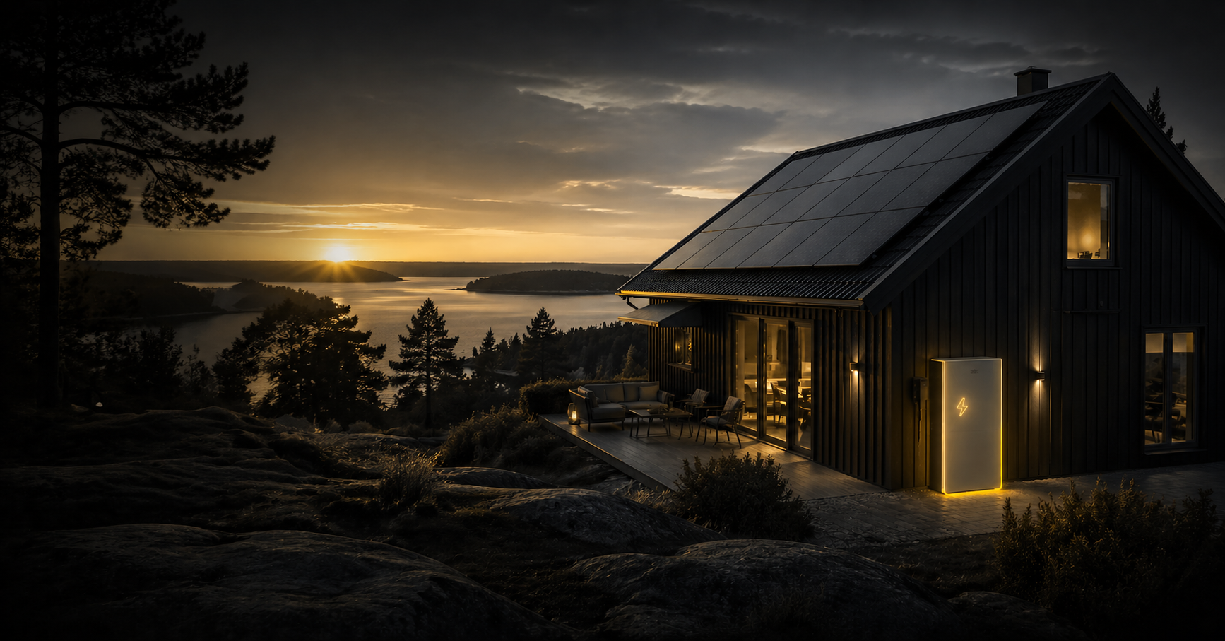 Moderna solpaneler på villa vid solnedgång